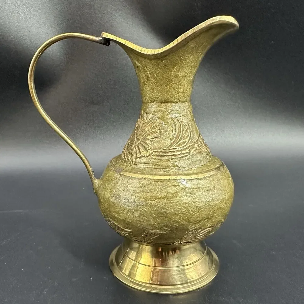 Vintage Anglo Indian Brass Decor Set Sage Green Enamel Pitcher & Lidded Jar